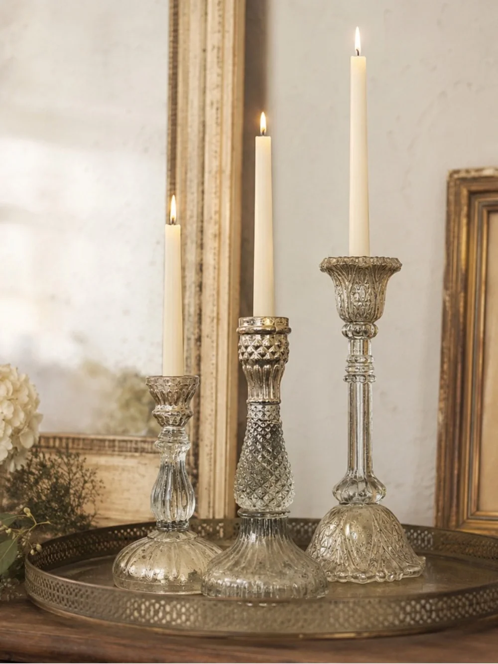 Pottery Barn Eclectic Mercury Glass Taper Candle Holders - New, Set of 3
